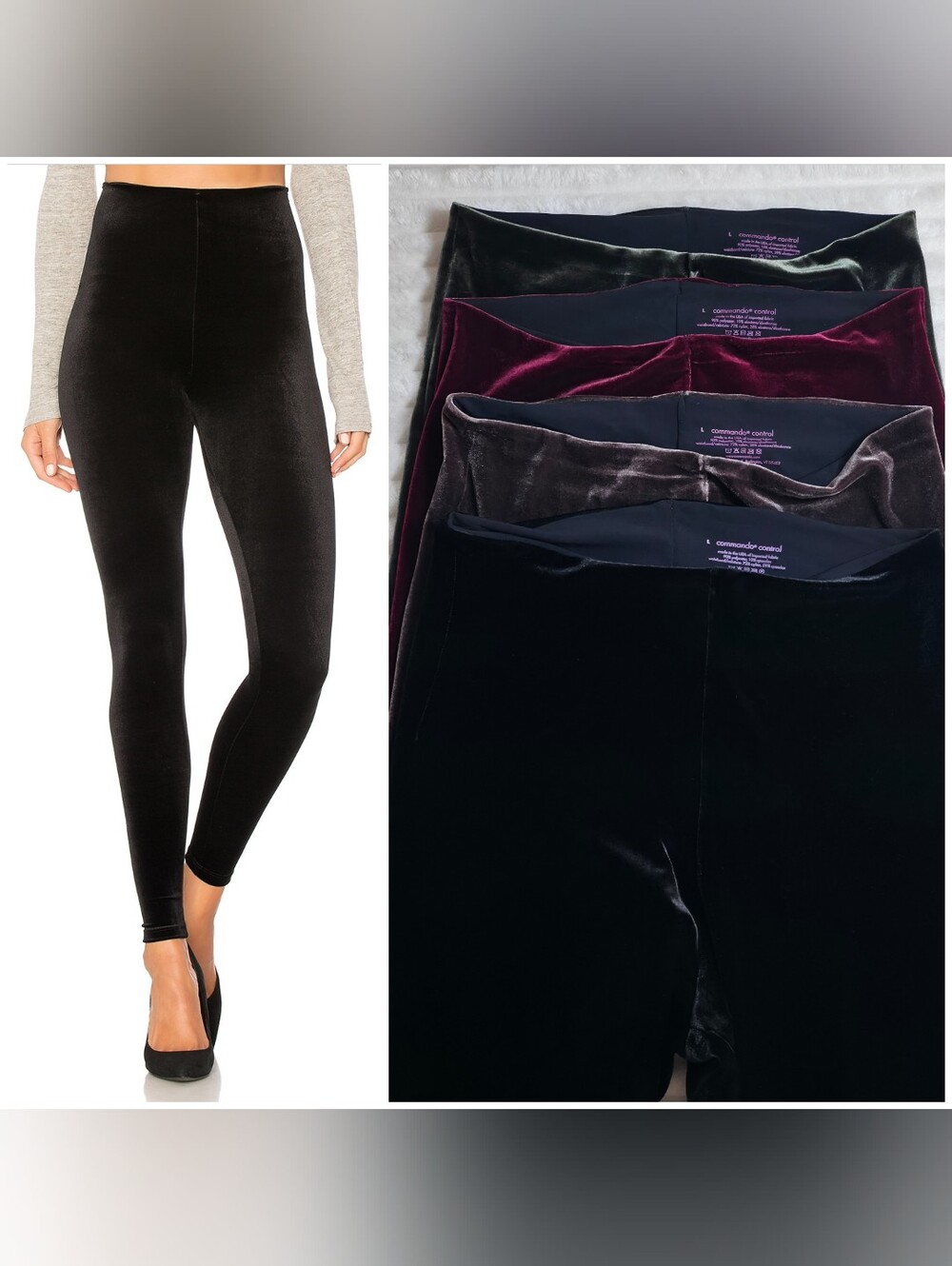 Bundle 4 Commando Velour Velvet Leggings, Large, Black, Brown, Burgundy, Blue